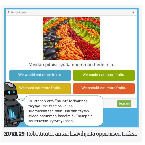 Kuvakaappaus, jossa robottitutor antaa vihjeitä oppimisen tueksi suomentamalla englanninkielisiä tekstejä.