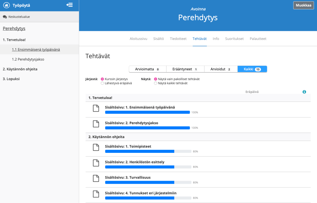 Siniset palkit kertovat kurssin osioiden etenemisen prosentteina.