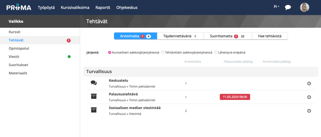 Näkymä kokoaan arvioimattomien, täydennettävien ja suorittamattomien tehtävien tiedot.