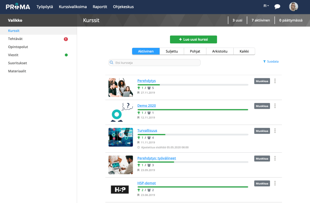 Opettajan työpöytä kertoo kurssien etenemisestä vihreiden palkkien avulla.