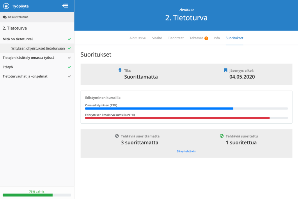 Tietoturva-kurssin etenemisnäkymä, jossa palkkeina oma eteneminen ja muiden etenemisen keskiarvo.