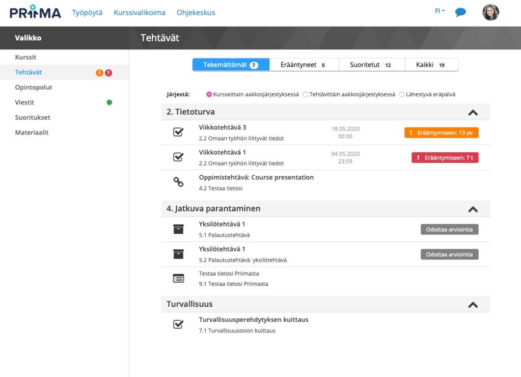 Tehtävät-näkymä näyttää tekemättömät ja arvioitavana olevat tehtävät määräpäivineen.