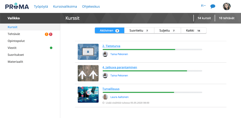 Oppijan työpöytä -näkymästä näkee kurssien etenemisen vihreinä palkkeina.