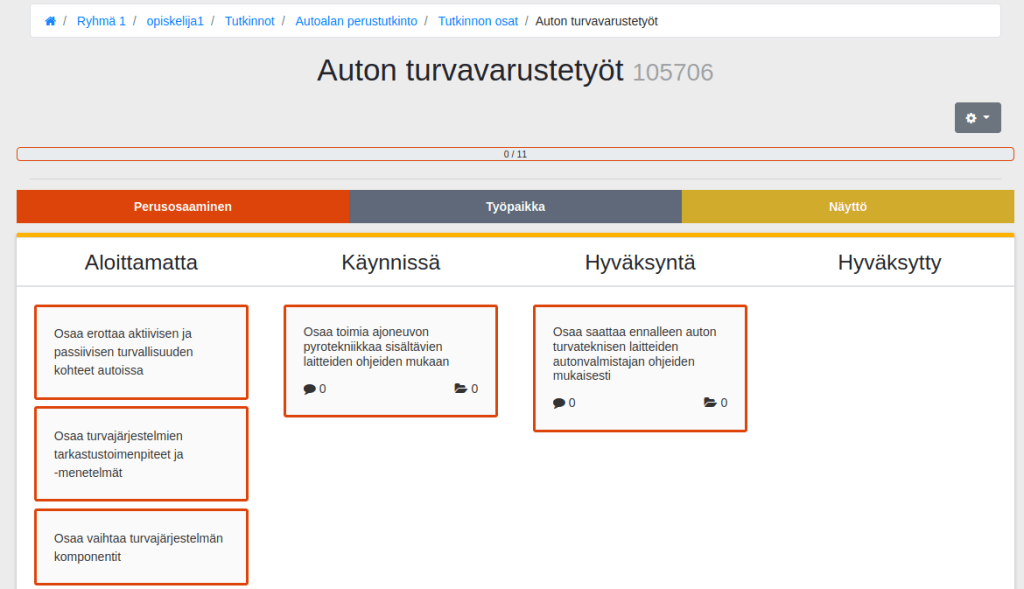 Näkymä, jossa tutkinnon osa (Auton turvavarustetyöt) on jaettu ammattitaitovaatimusten mukaisiin tehtäviin, jotka on sijoitettu neljään sarakkeeseen: aloittamatta, käynnissä, hyväksyntä, hyväksytty.
