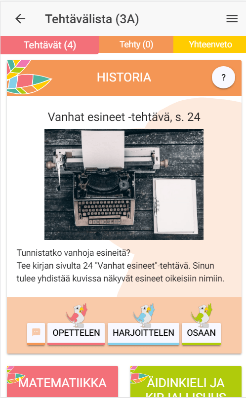 Näkymä yksittäiseen tehtävään, jossa tehtävän kuvaus sekä arviointipainikkeet opettelen, harjoittelen ja osaan.