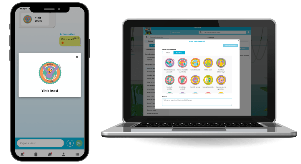 Mobiililaitteen ruudulla badge, jossa teksti Ylitit itsesi. Tietokoneen ruudulla näkymä, jossa opettaja voi valita annettavan oppimismerkin.