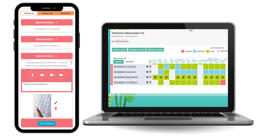 Mobiililaitteen ruudulla neljä tekemätöntä matematiikan tehtävää. Tietokoneen ruudulla opettajan näkymä, jossa näkyy oppilaiden tekemät itsearvioinnit matematiikan osalta.