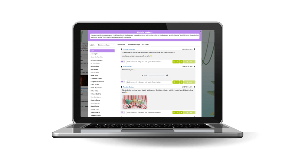 Käsityön päiväkirja tietokoneen ruudulla. Kuvat, videot ja äänitiedostot dokumentoivat etenemistä.