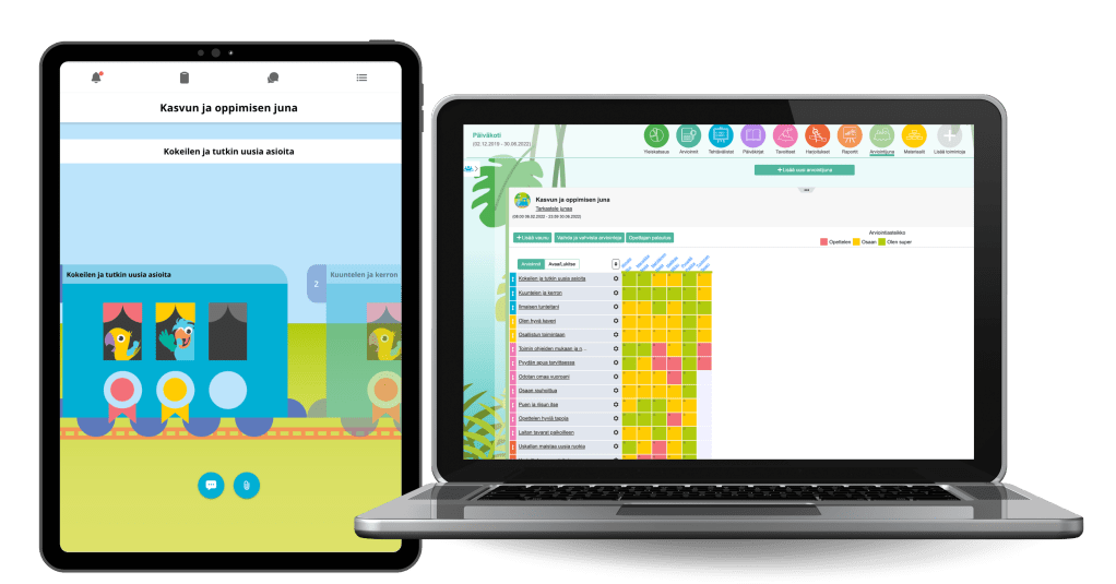 Mobiililaitteen ruudulla näkyy kasvun ja oppimisen juna, jonka kyydissä kaksi lintua istuu vaunussa Kokeilen ja tutkin uusia asioita. Vierellä tietokoneen näyttö, jolla näkyy kasvun ja oppimisen junan arvioinnit värillisinä arviointeina kolmiportaisella asteikolla: opettelen, osaan, olen super.