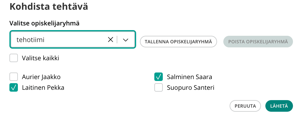 Kuvakaappaus näkymästä, jossa opettaja voi kohdistaa tehtävän valitsemalleen opiskelijaryhmälle tai yksittäisille ryhmän jäsenille.